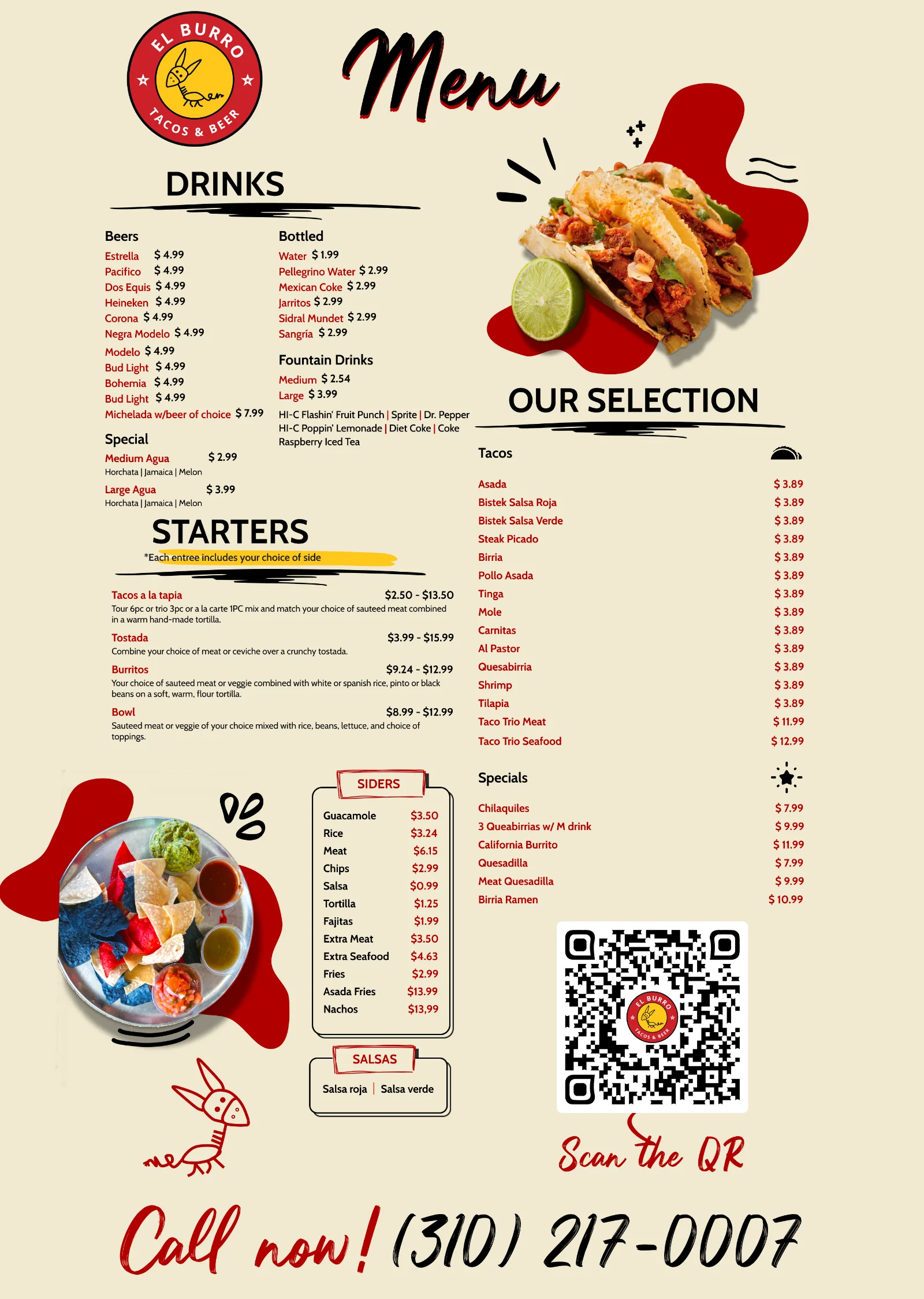 Printed menu with drinks, tacos, sides and a QR code