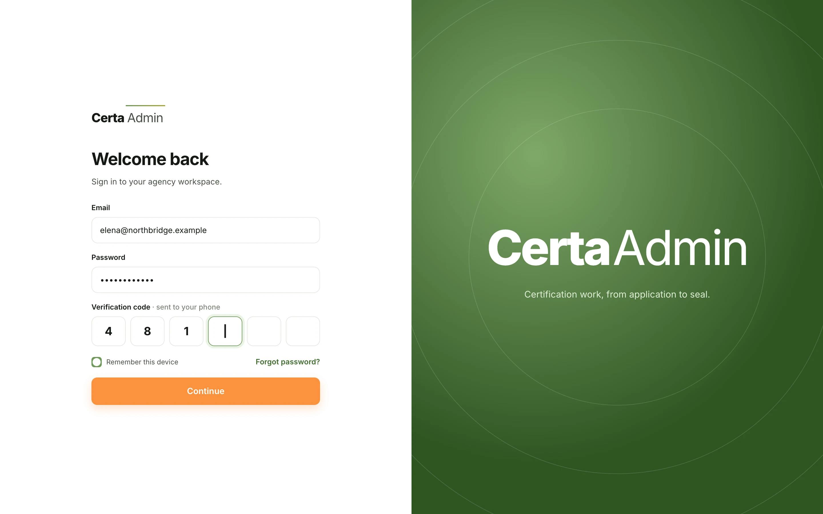Sign in screen with email, password and one-time code, next to the Certa Admin wordmark