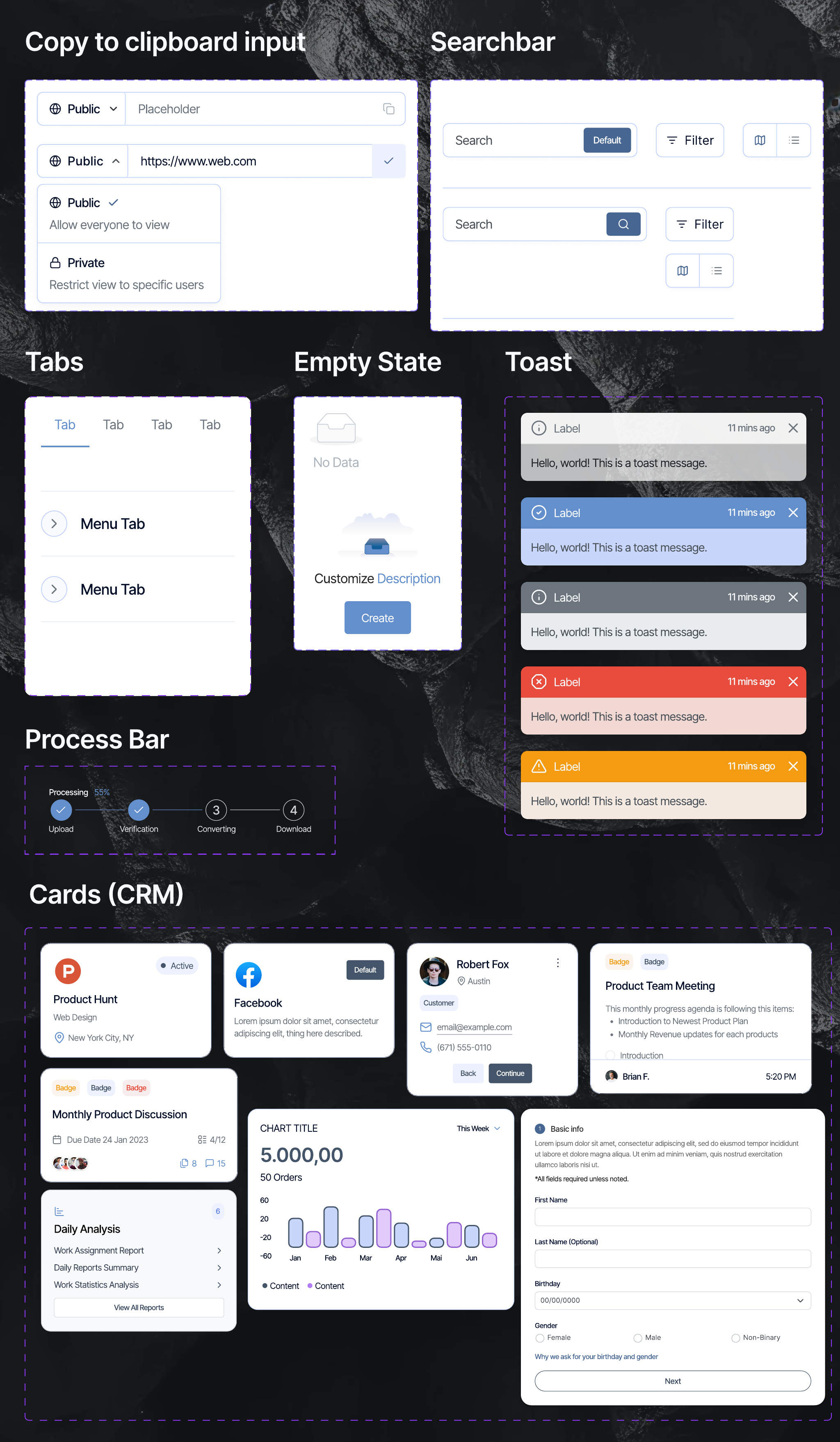 Search, tabs, process bar and toast components