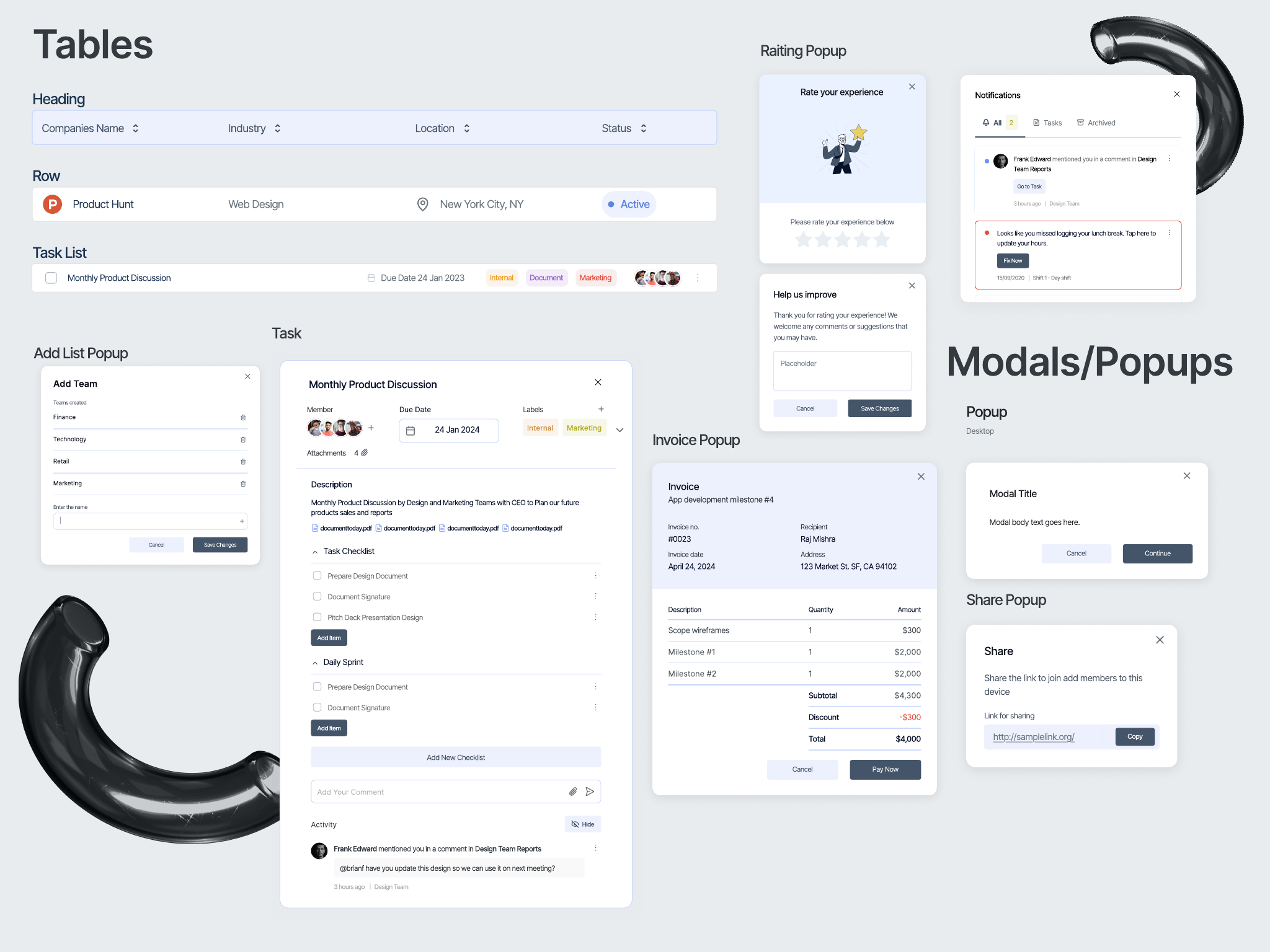 Tables, task lists and popup patterns