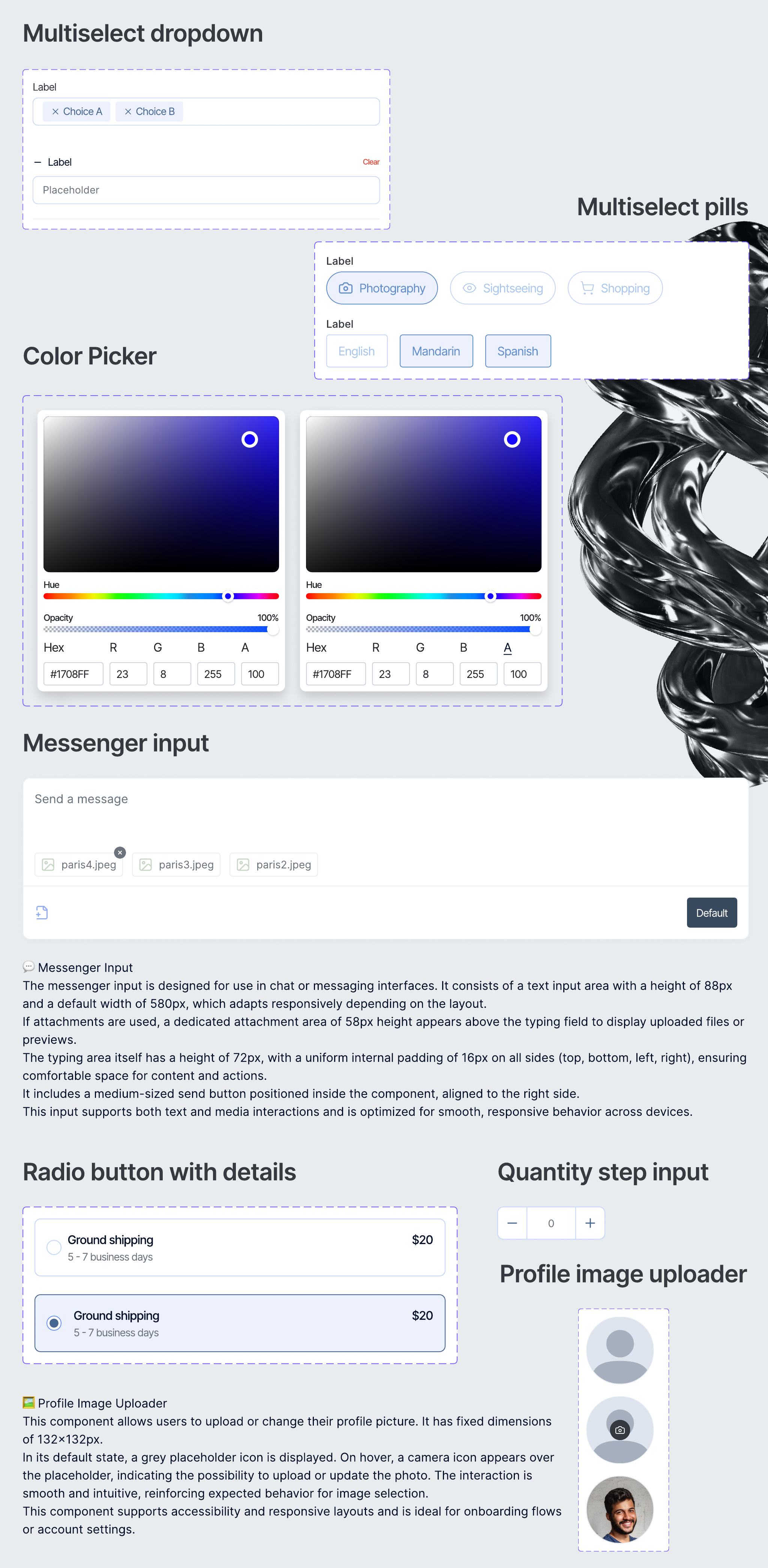 Dropdowns, color picker and messenger input