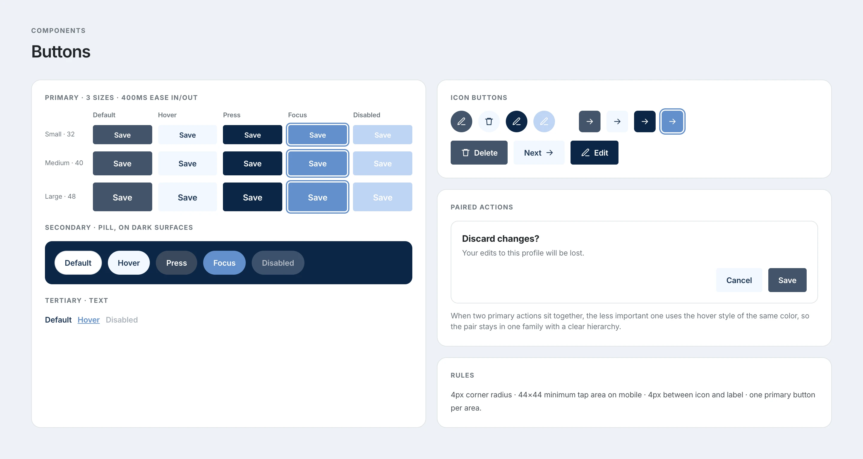 Design System 1.0 buttons board