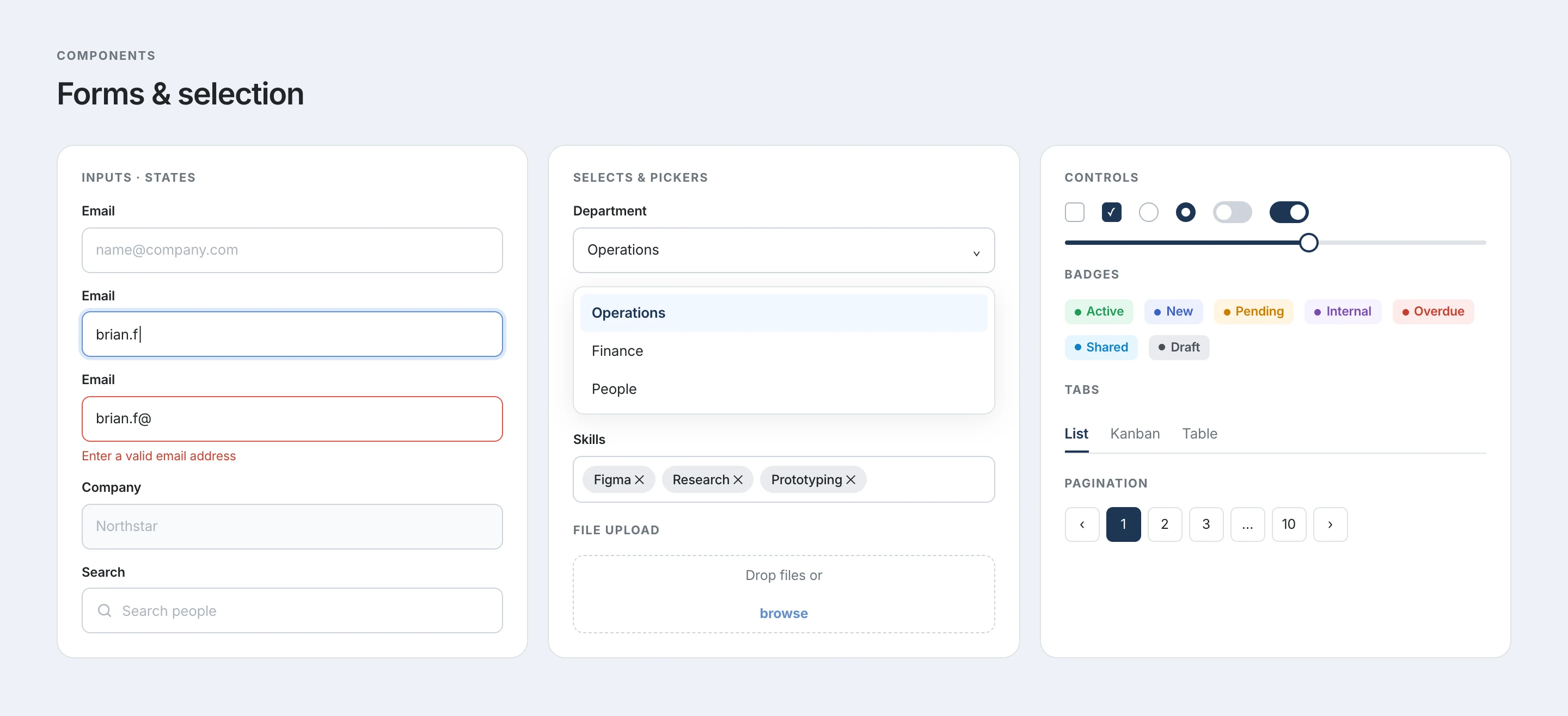 Inputs, selects, multiselect, upload, controls, badges, tabs and pagination