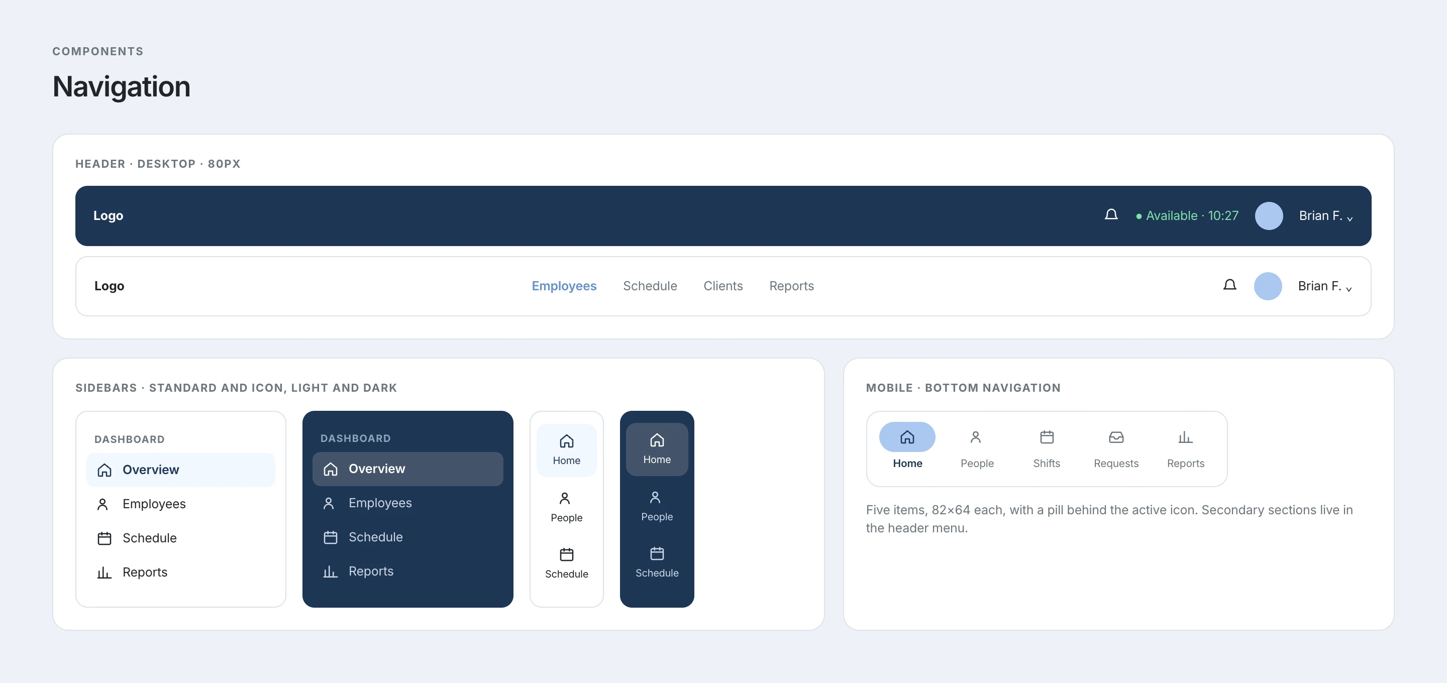Desktop headers, sidebars, icon rails and mobile bottom navigation