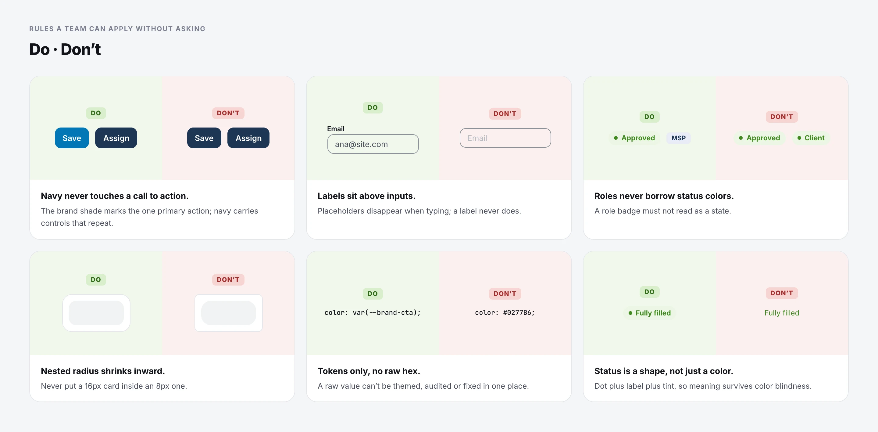 Six do and don't rules: CTA color, labels, role badges, nested radius, tokens and status shape