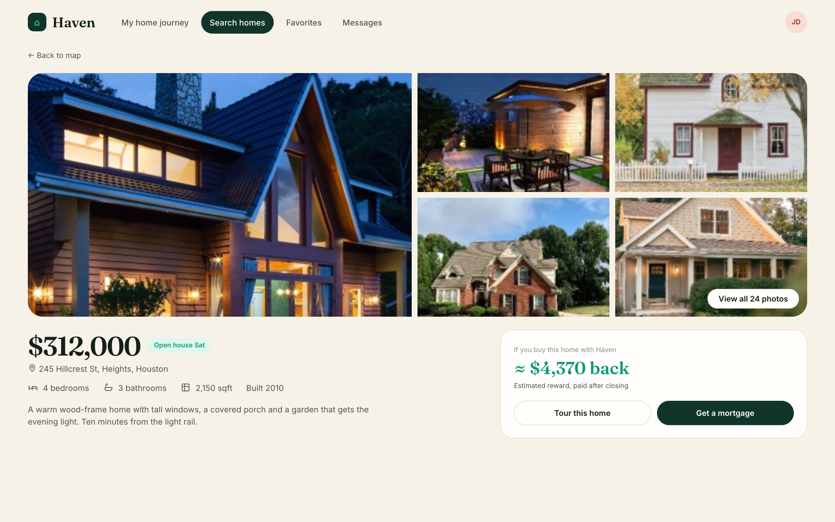 Listing page with photo gallery, price, details and estimated reward