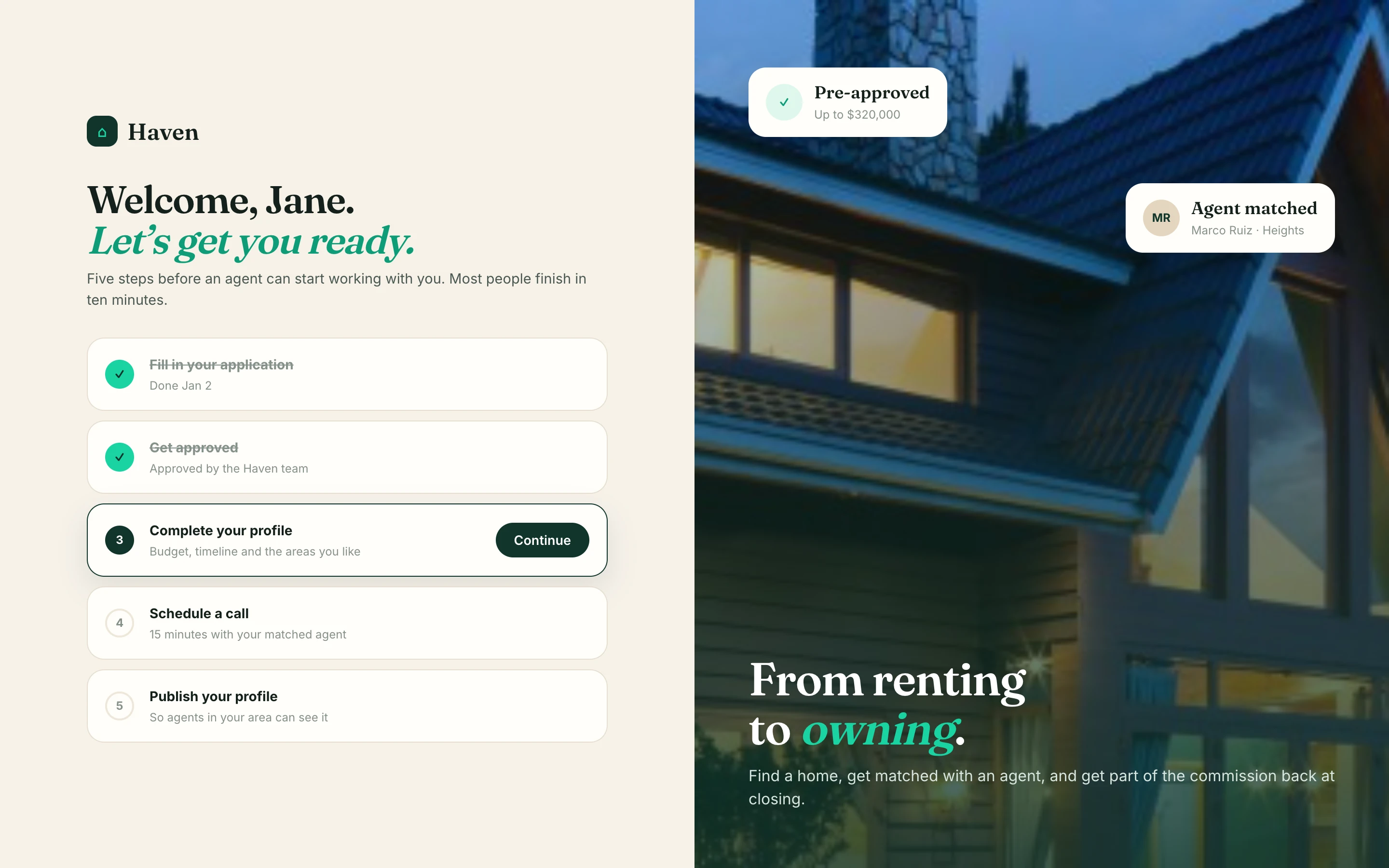 Onboarding checklist with five steps next to a home photo