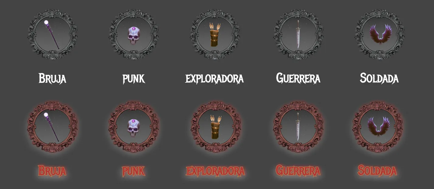 Class selector icons for Bruja, Punk, Exploradora, Guerrera and Soldada in default and pressed states