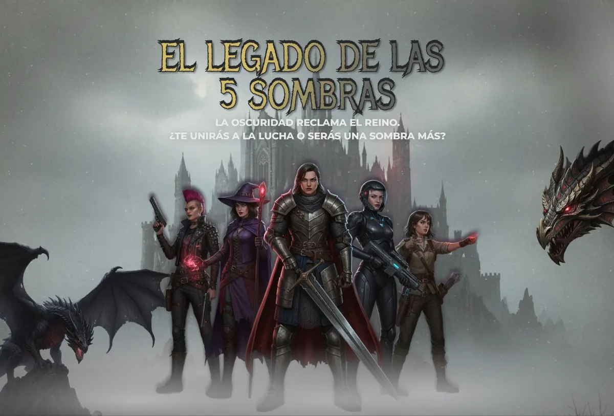 El Legado de las 5 Sombras key art: the five heroines in front of the castle, flanked by dragons