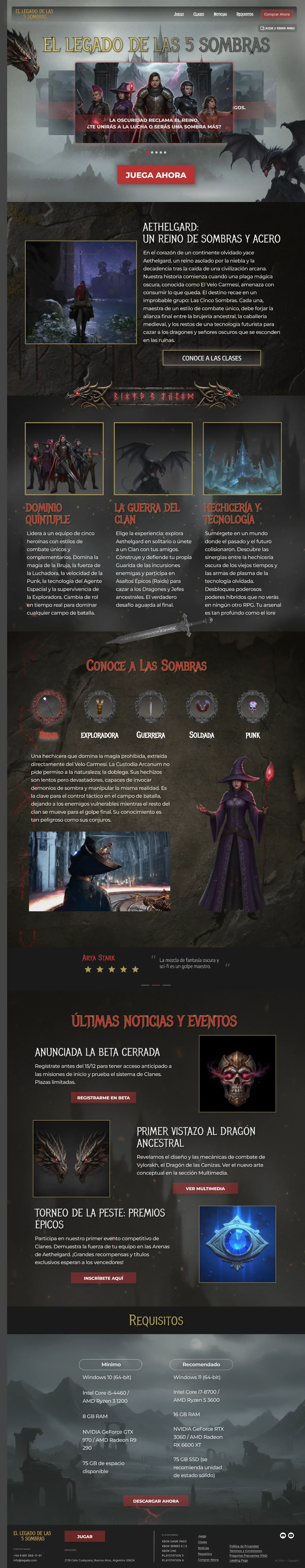 Full home page: hero carousel, world lore, game pillars, character classes, news and system requirements