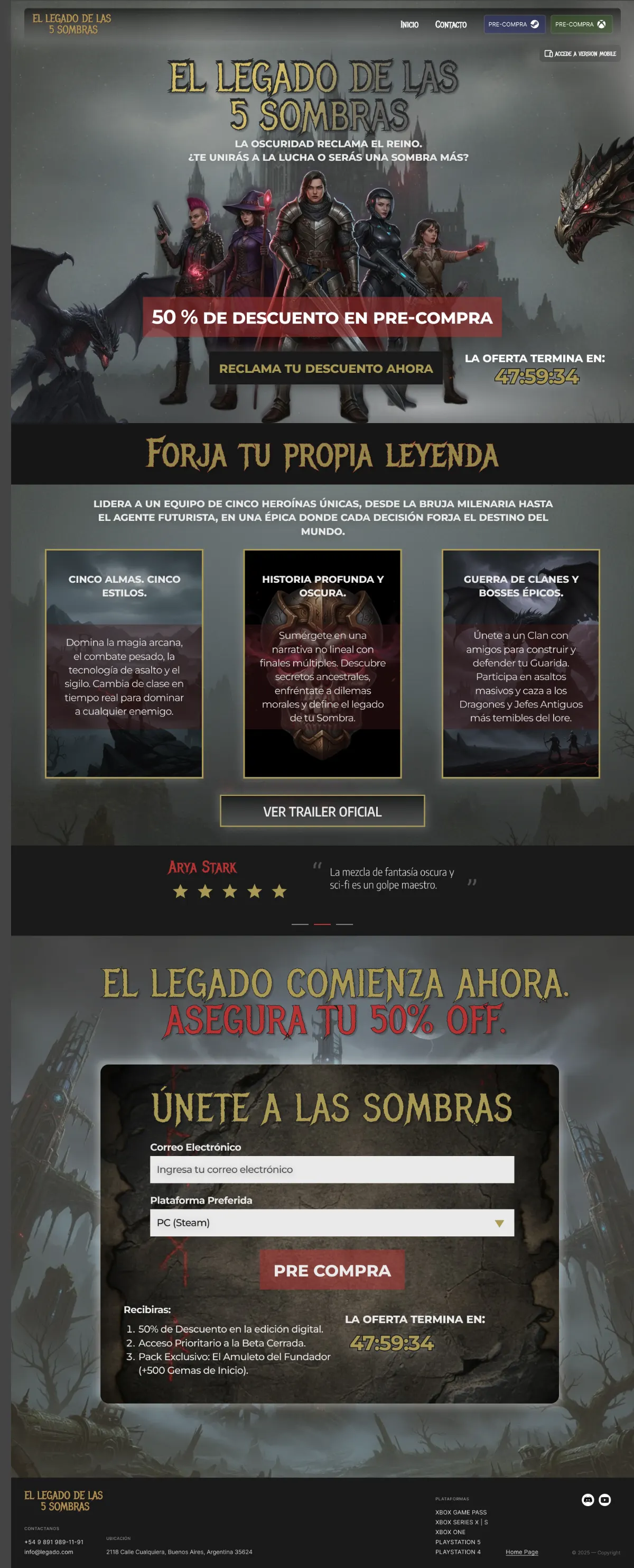 Full landing page: hero with pre-order offer and countdown, three feature cards, testimonial, sign-up form and footer