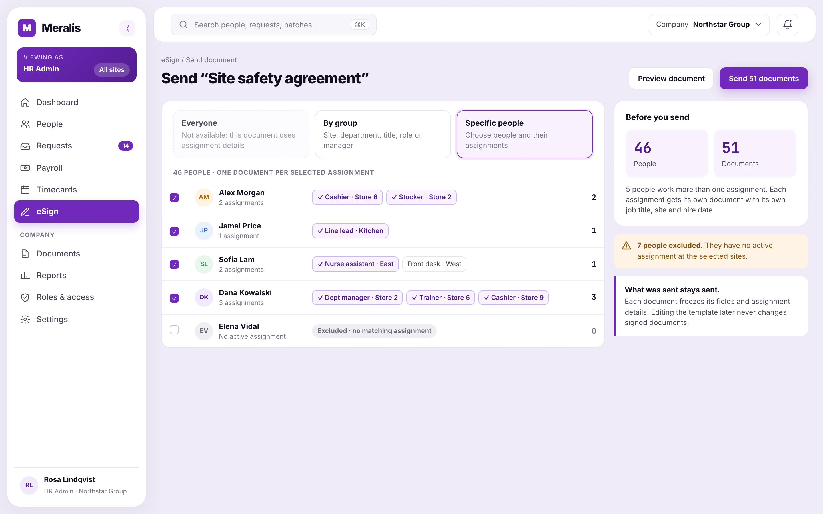 Assignment-aware signature dispatch with separate employee and request counts
