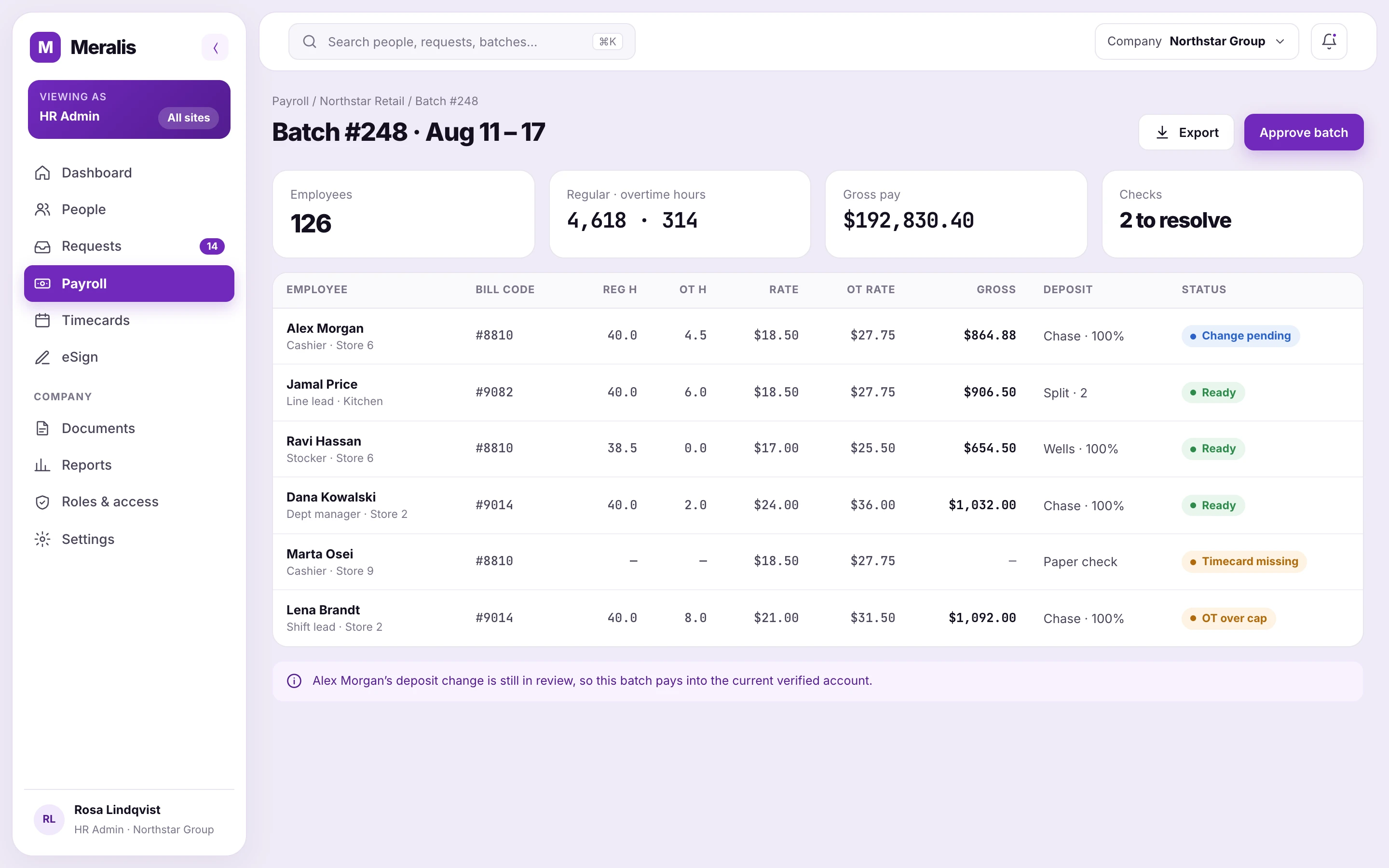 Dense payroll bill codes table using shared interface components