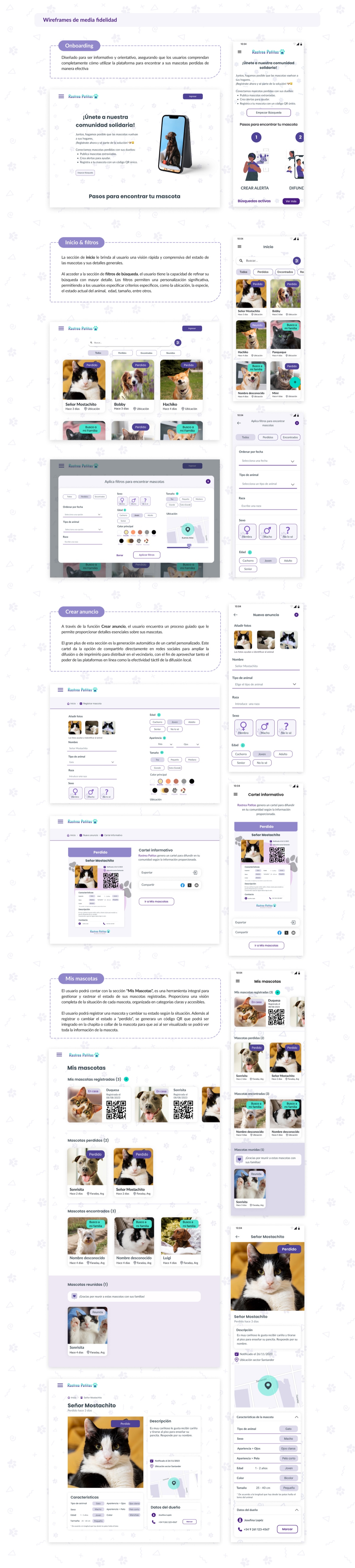 Rastrea Patitas high fidelity desktop and mobile wireframes