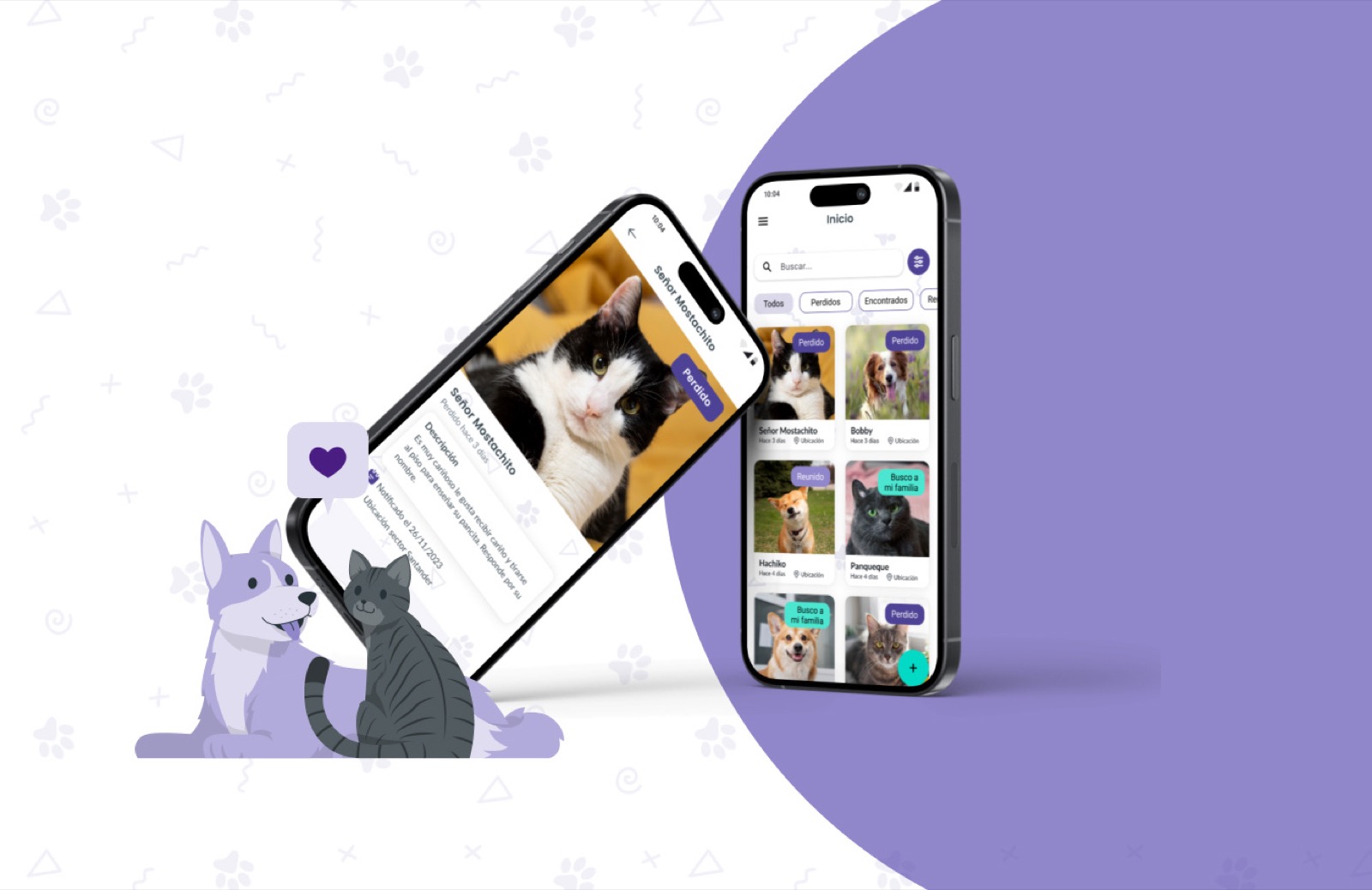 Rastrea Patitas mobile interface showcase with pet detail and search screens