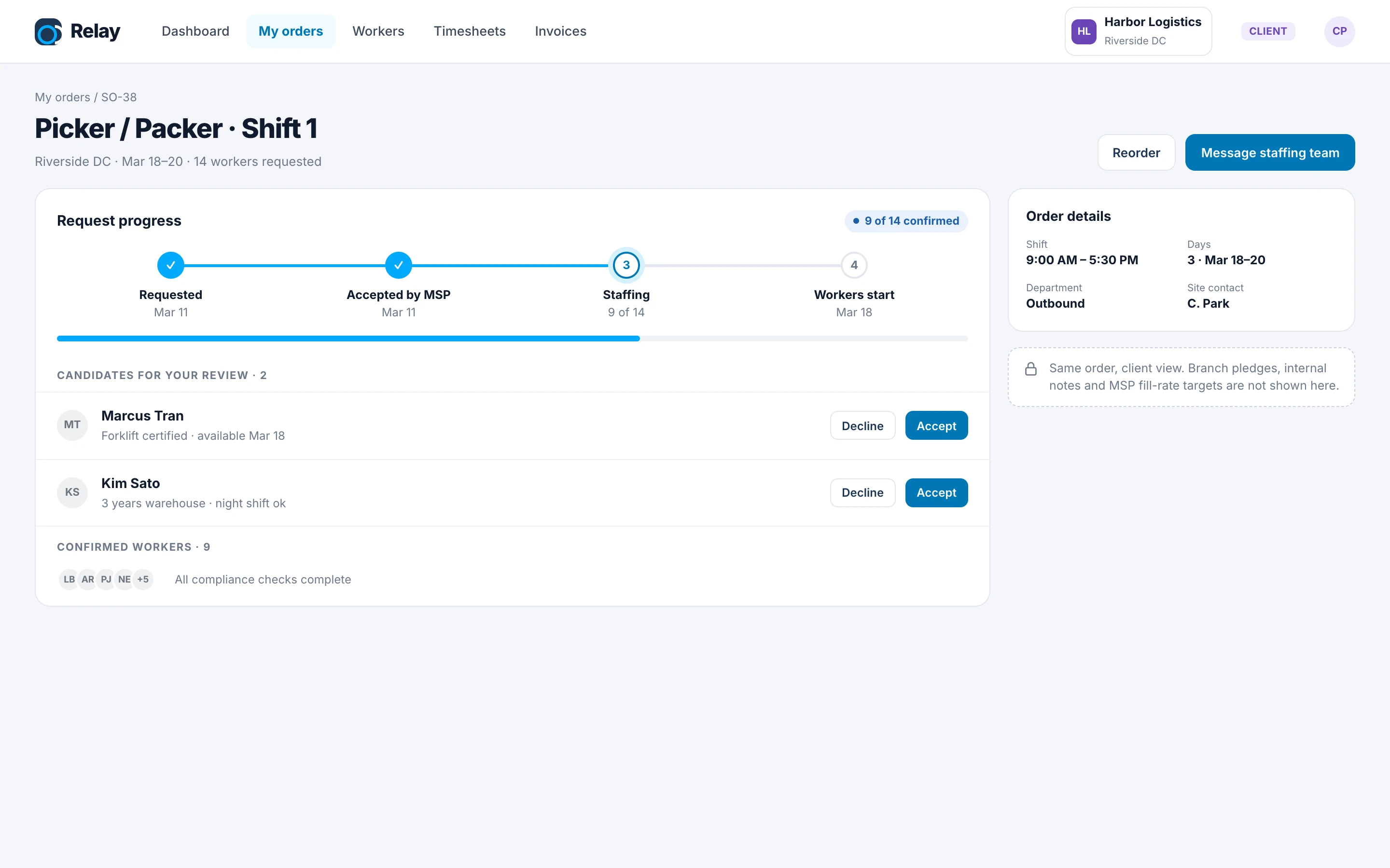 Client view of the same order with request progress and candidates to review