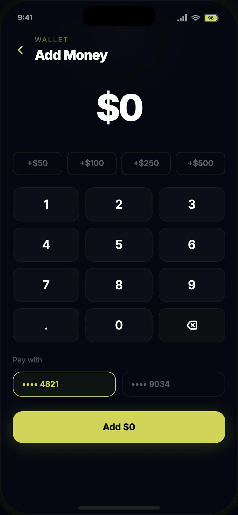 Add money screen