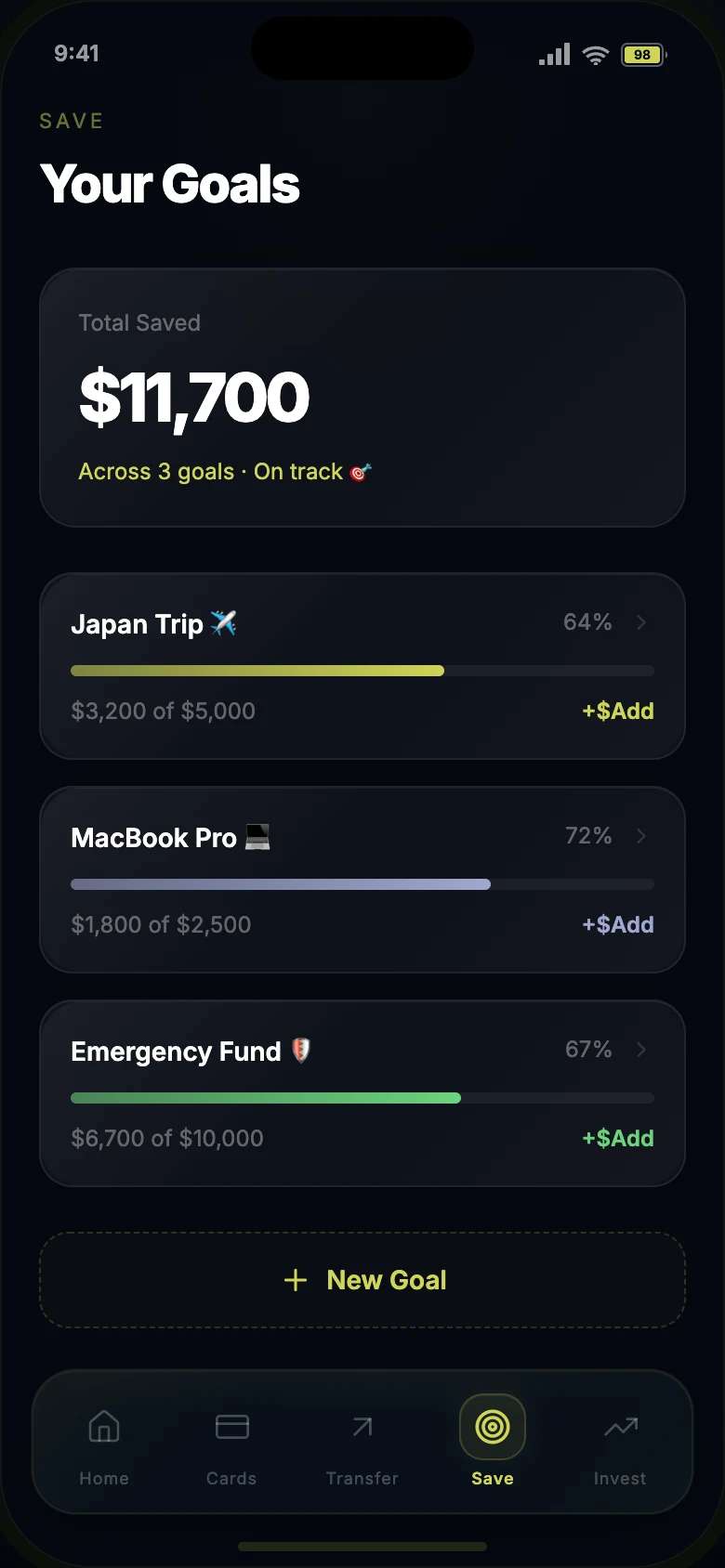 Save goals screen