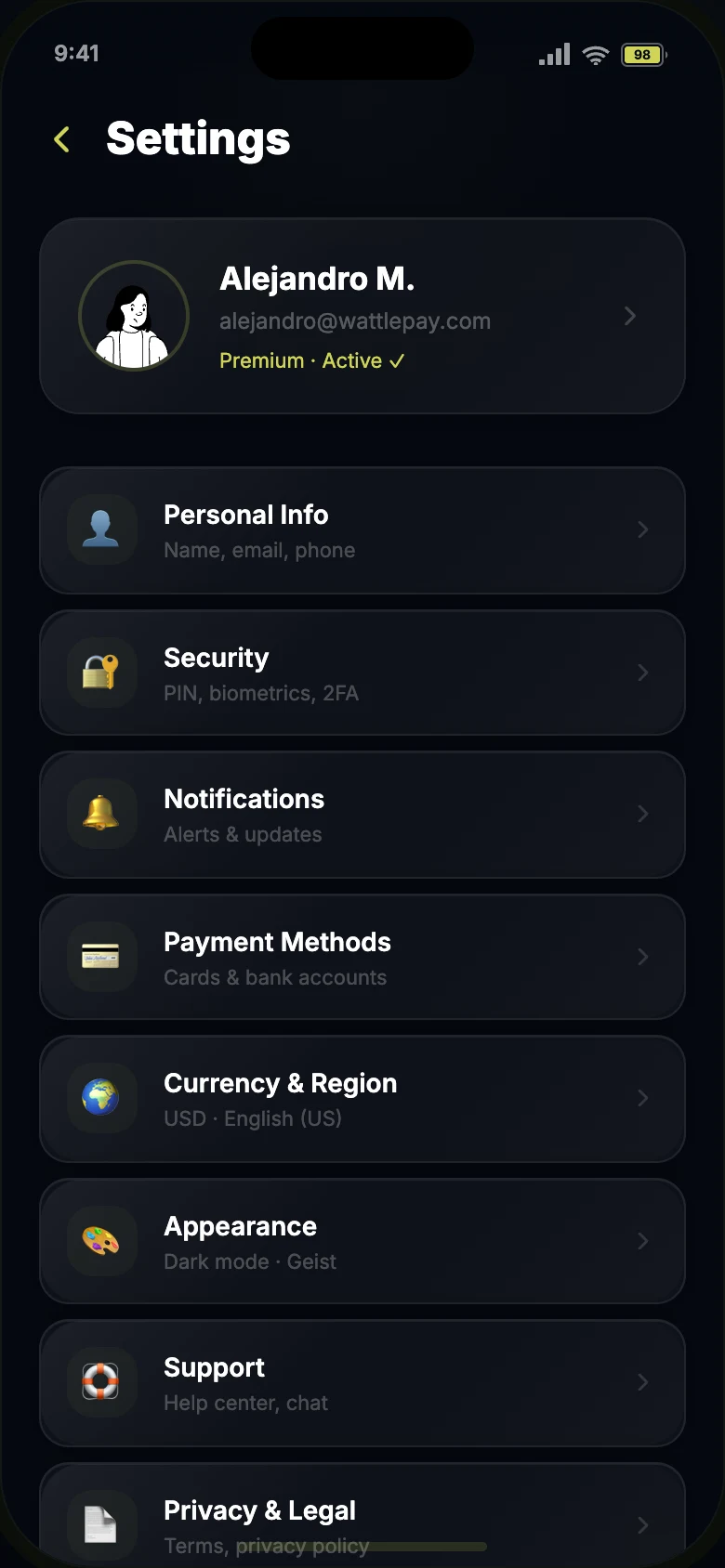 Settings screen