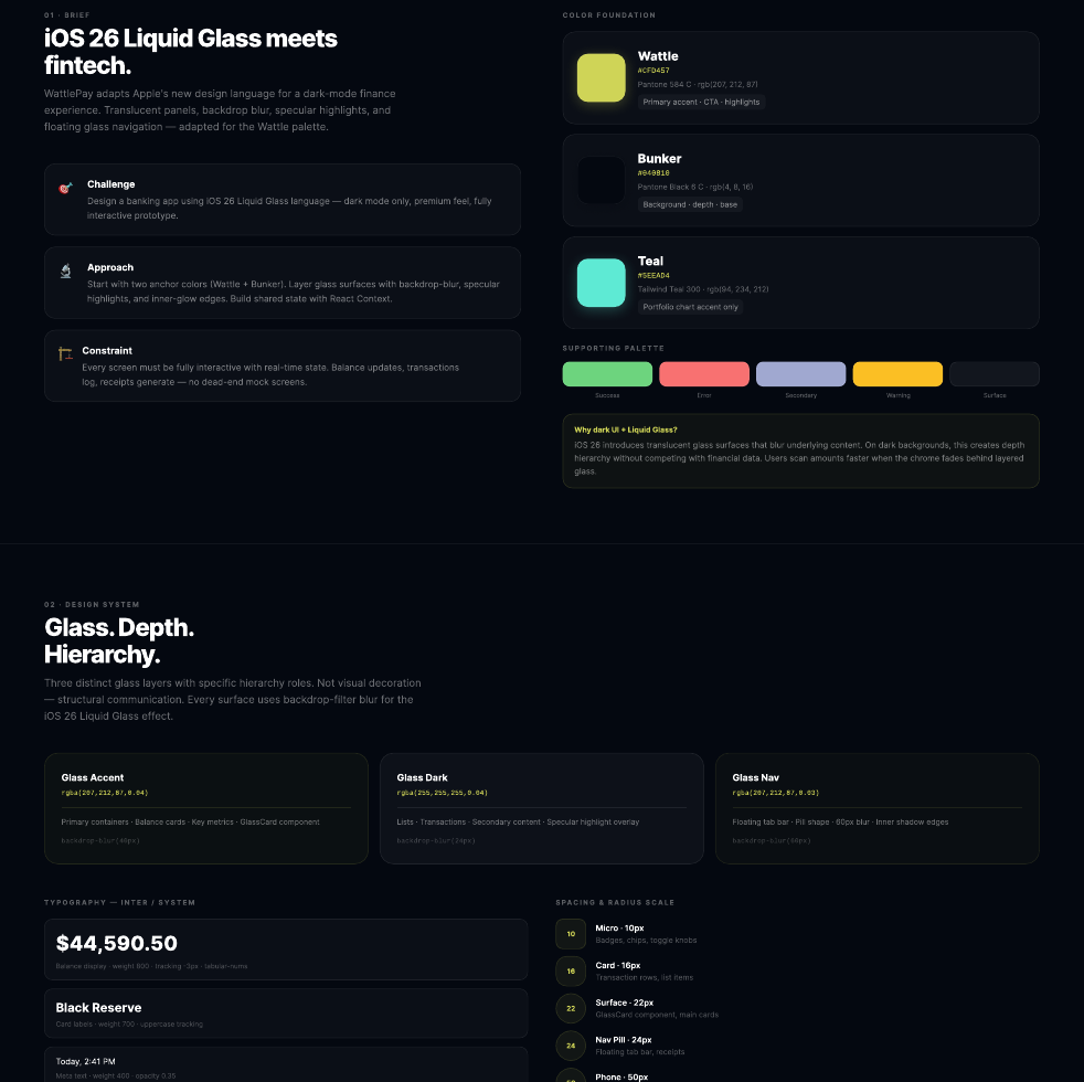 WattlePay visual system, palette and glass hierarchy